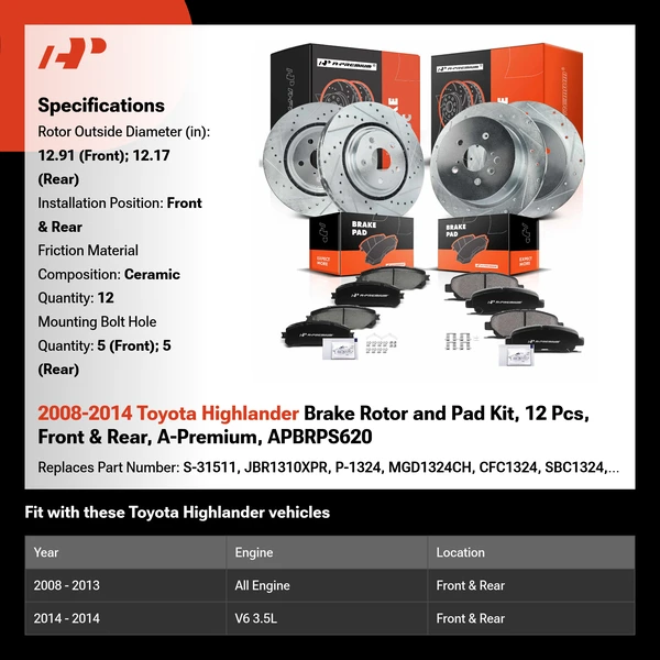 2008-2014 Toyota Highlander Brake Rotor and Pad Kit, 12 Pcs, Front & Rear, A-Premium, APBRPS620