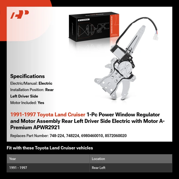 1991-1997 Toyota Land Cruiser 1-Pc Power Window Regulator and Motor Assembly Rear Left Driver Side Electric with Motor A-Premium APWR2921