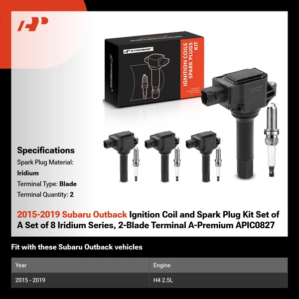 2015-2019 Subaru Outback Ignition Coil and Spark Plug Kit Set of A Set of 8 Iridium Series, 2-Blade Terminal A-Premium APIC0827