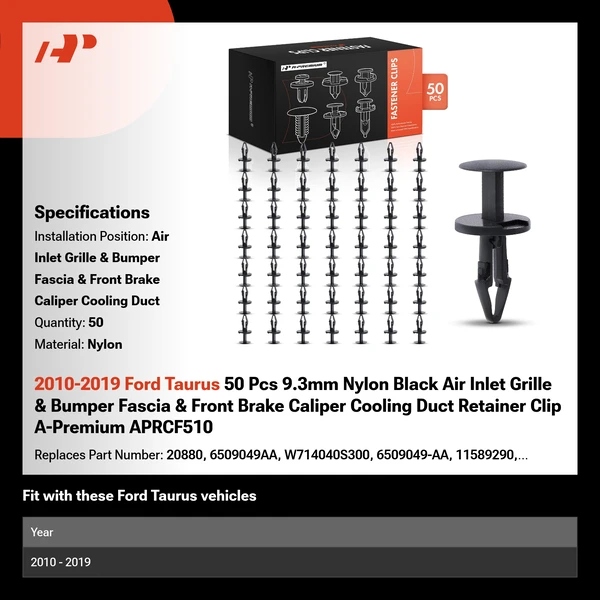 2010-2019 Ford Taurus 50 Pcs 9.3mm Nylon Black Air Inlet Grille & Bumper Fascia & Front Brake Caliper Cooling Duct Retainer Clip A-Premium APRCF510