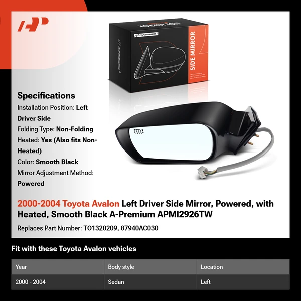 2000-2004 Toyota Avalon Left Driver Side Mirror, with Heating, Power Adjustment, Non-Folding, Smooth Black A-Premium APMI2926TW