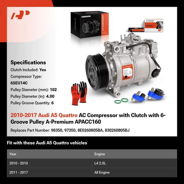 2010-2017 Audi A5 Quattro AC Compressor with Clutch with 6-Groove Pulley A-Premium APACC160