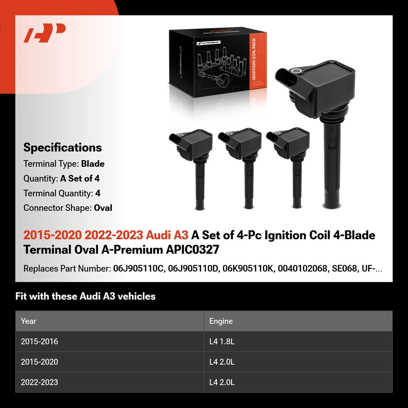2015-2020 2022-2023 Audi A3 A Set of 4-Pc Ignition Coil 4-Blade Terminal Oval A-Premium APIC0327