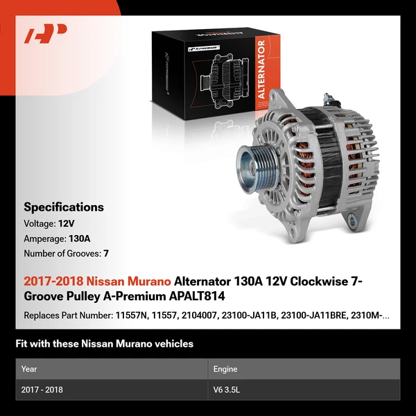 2017-2018 Nissan Murano Alternator 130A 12V Clockwise 7-Groove Pulley A-Premium APALT814