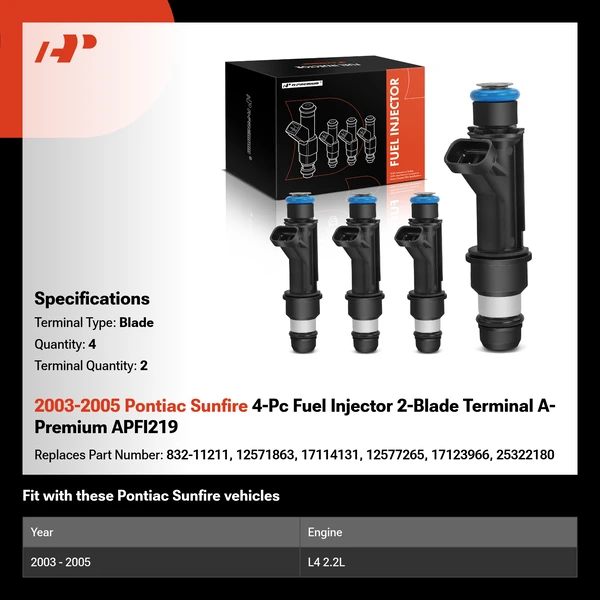 2003-2005 Pontiac Sunfire 4-Pc Fuel Injector 2-Blade Terminal A-Premium APFI219