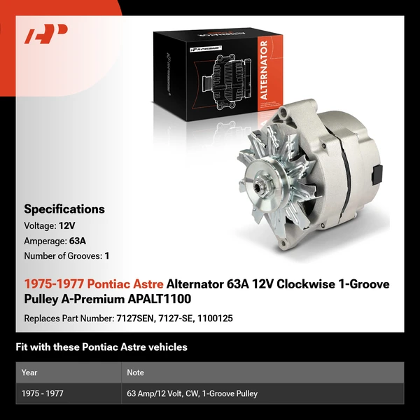 1975-1977 Pontiac Astre Alternator 63A 12V Clockwise 1-Groove Pulley A-Premium APALT1100