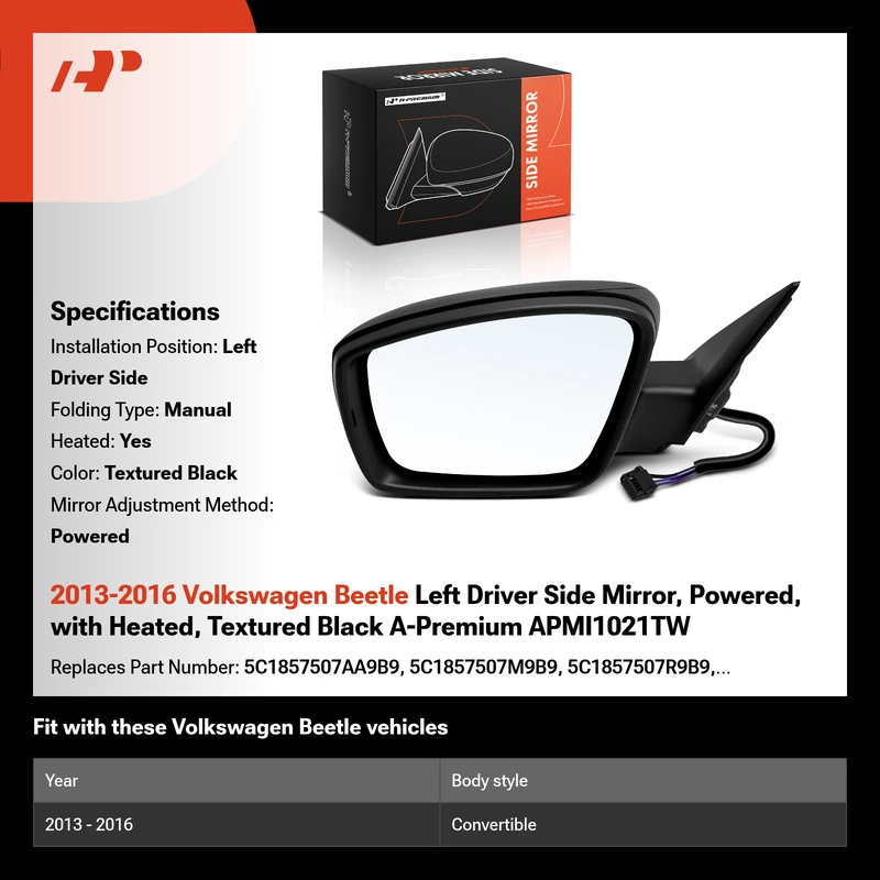 2013-2016 Volkswagen Beetle Left Driver Side Mirror, Powered, with Heated, Textured Black A-Premium APMI1021TW