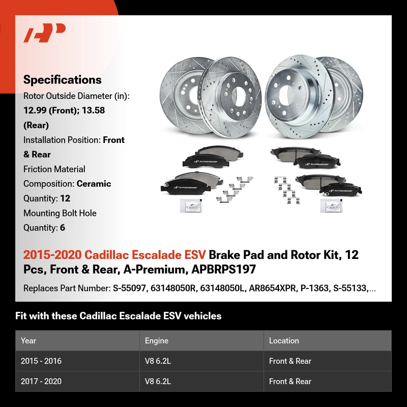 2015-2020 Cadillac Escalade ESV Brake Pad and Rotor Kit, 12 Pcs, Front & Rear, A-Premium, APBRPS197