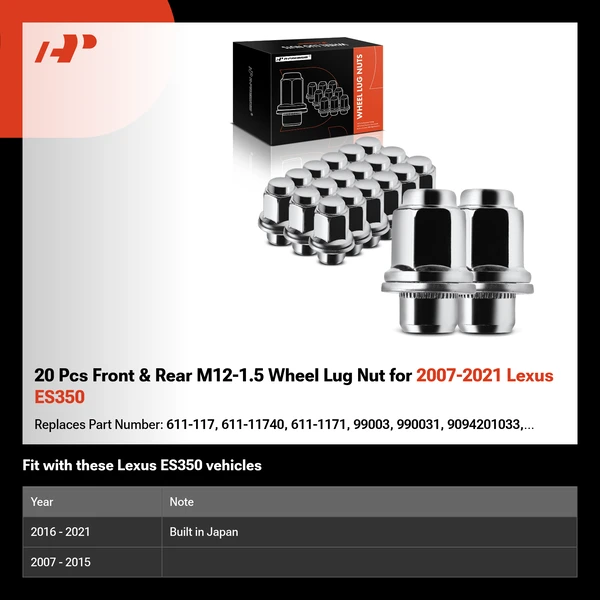 20 Pcs Front & Rear M12-1.5 Wheel Lug Nut for 2007-2021 Lexus ES350