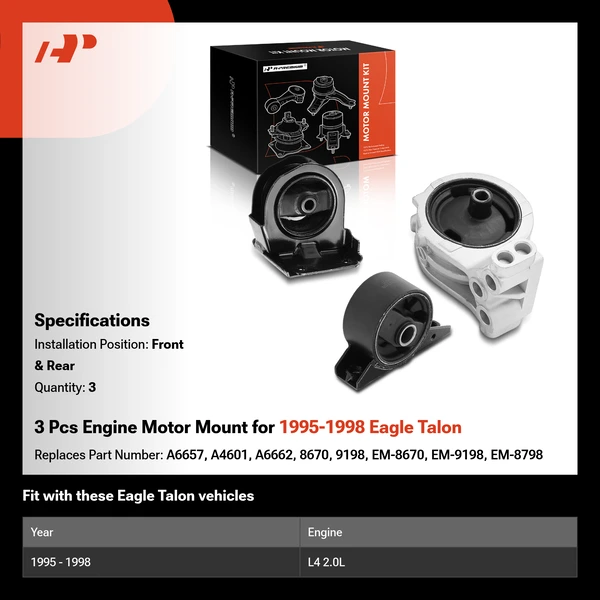 3 Pcs Engine Motor Mount for 1995-1998 Eagle Talon