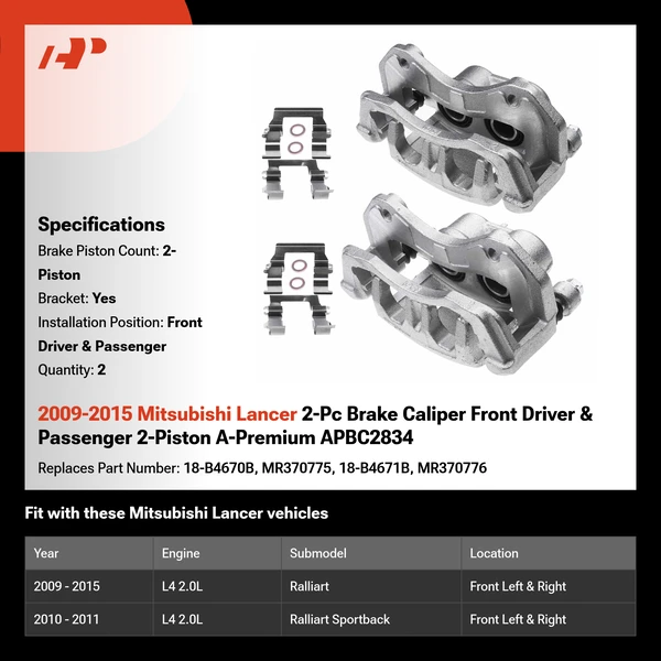 2009-2015 Mitsubishi Lancer 2-Pc Brake Caliper Front Driver & Passenger 2-Piston A-Premium APBC2834
