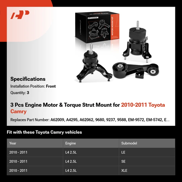 3 Pcs Engine Motor & Torque Strut Mount for 2010-2011 Toyota Camry