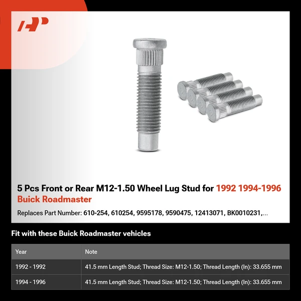 5 Pcs Front or Rear M12-1.50 Wheel Lug Stud for 1992 1994-1996 Buick Roadmaster