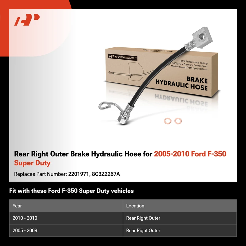 Rear Right Outer Brake Hydraulic Hose for 2005-2010 Ford F-350 Super Duty