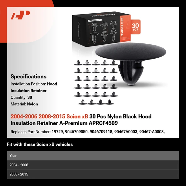 2004-2006 2008-2015 Scion xB 30 Pcs Nylon Black Hood Insulation Retainer A-Premium APRCF4509