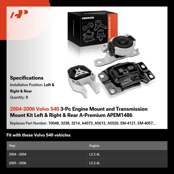 2004-2006 Volvo S40 3-Pc Engine Mount and Transmission Mount Kit Left & Right & Rear A-Premium APEM1486