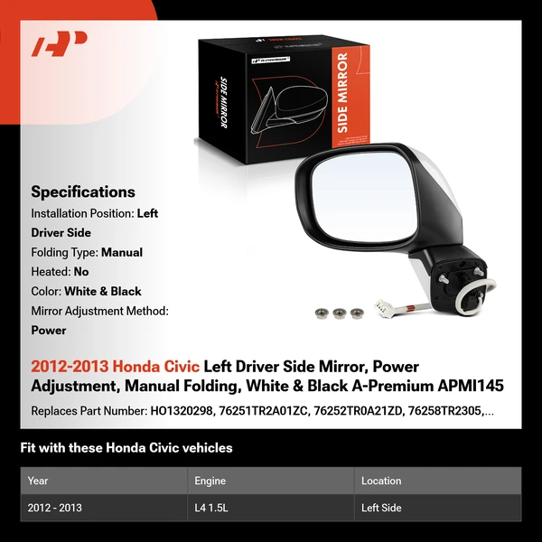 2012-2013 Honda Civic Left Driver Side Mirror, Power Adjustment, Manual Folding, White & Black A-Premium APMI145