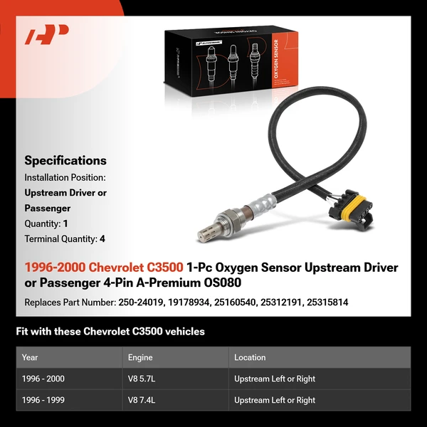 1996-2000 Chevrolet C3500 1-Pc Oxygen Sensor Upstream Driver or Passenger 4-Pin A-Premium OS080