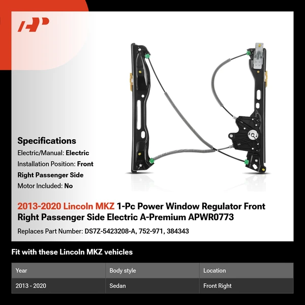 2013-2020 Lincoln MKZ 1-Pc Power Window Regulator Front Right Passenger Side Electric A-Premium APWR0773