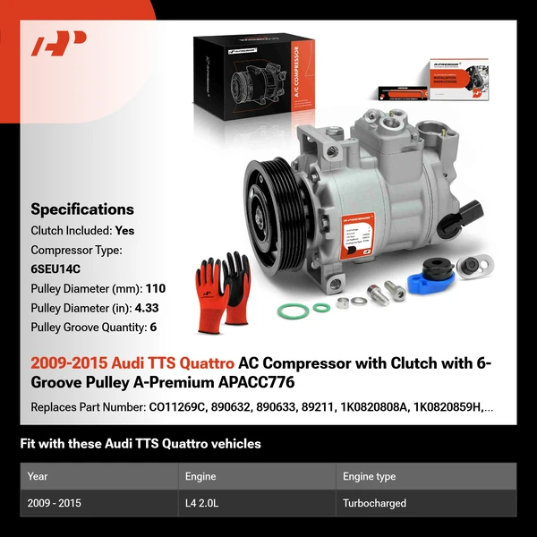 2009-2015 Audi TTS Quattro AC Compressor with Clutch with 6-Groove Pulley A-Premium APACC776