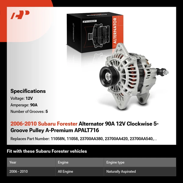 2006-2010 Subaru Forester Alternator 90A 12V Clockwise 5-Groove Pulley A-Premium APALT716