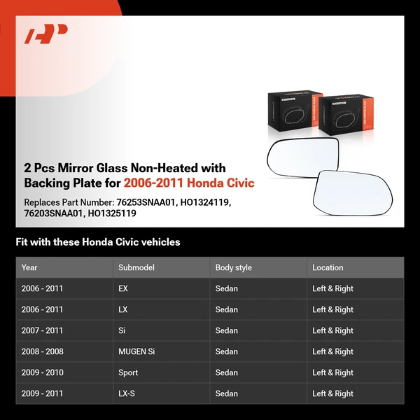 2 Pcs Mirror Glass Non-Heated with Backing Plate for 2006-2011 Honda Civic