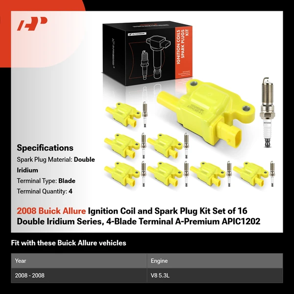 2008 Buick Allure Ignition Coil and Spark Plug Kit Set of 16 Double Iridium Series, 4-Blade Terminal A-Premium APIC1202