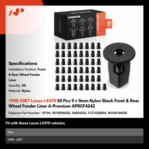 1998-2007 Lexus LX470 50 Pcs 9 x 9mm Nylon Black Front & Rear Wheel Fender Liner A-Premium APRCF4242