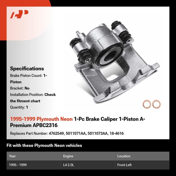 1995-1999 Plymouth Neon 1-Pc Brake Caliper 1-Piston A-Premium APBC2316