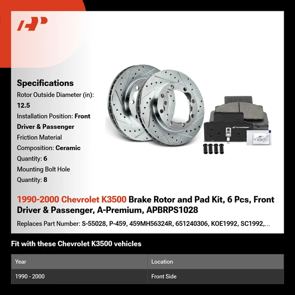 1990-2000 Chevrolet K3500 Brake Rotor and Pad Kit, 6 Pcs, Front Driver & Passenger, A-Premium, APBRPS1028