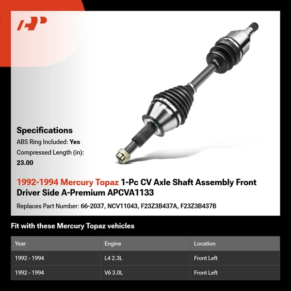 1992-1994 Mercury Topaz 1-Pc CV Axle Shaft Assembly Front Driver Side A-Premium APCVA1133