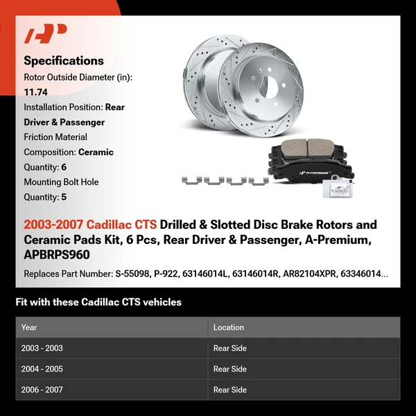 2003-2007 Cadillac CTS Drilled & Slotted Disc Brake Rotors and Ceramic Pads Kit, 6 Pcs, Rear Driver & Passenger, A-Premium, APBRPS960