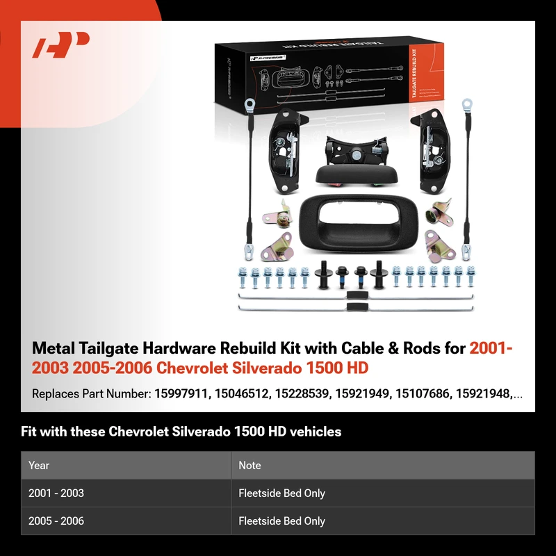 Metal Tailgate Hardware Rebuild Kit with Cable & Rods for 2001-2003 2005-2006 Chevrolet Silverado 1500 HD