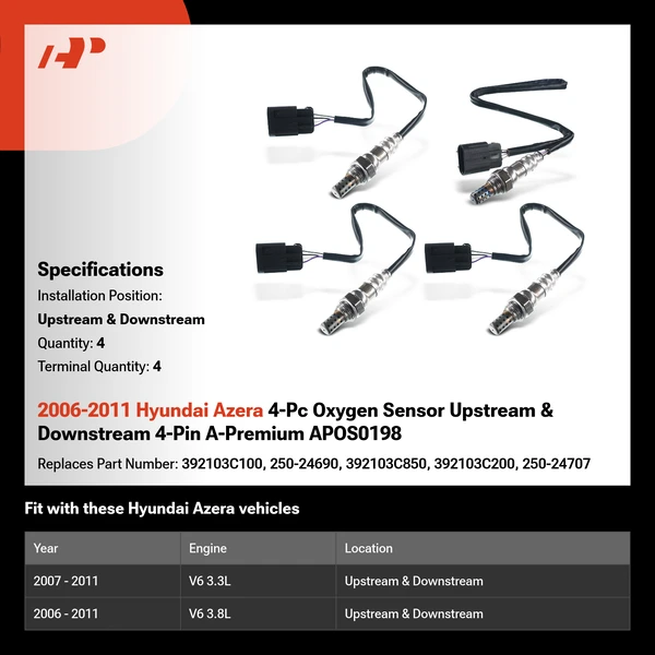2006-2011 Hyundai Azera 4-Pc Oxygen Sensor Upstream & Downstream 4-Pin A-Premium APOS0198