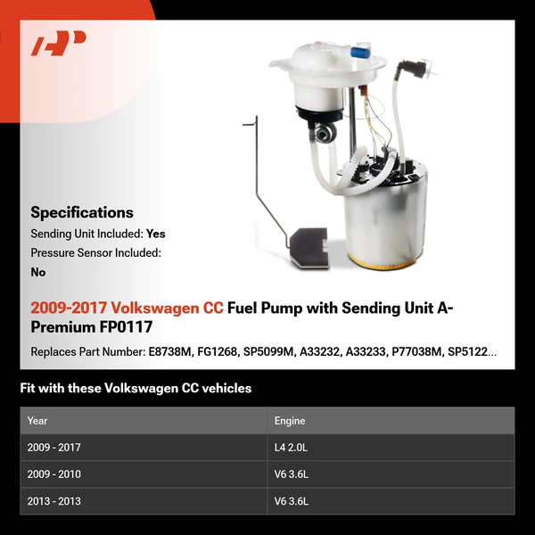 2009-2017 Volkswagen CC Fuel Pump with Sending Unit A-Premium FP0117