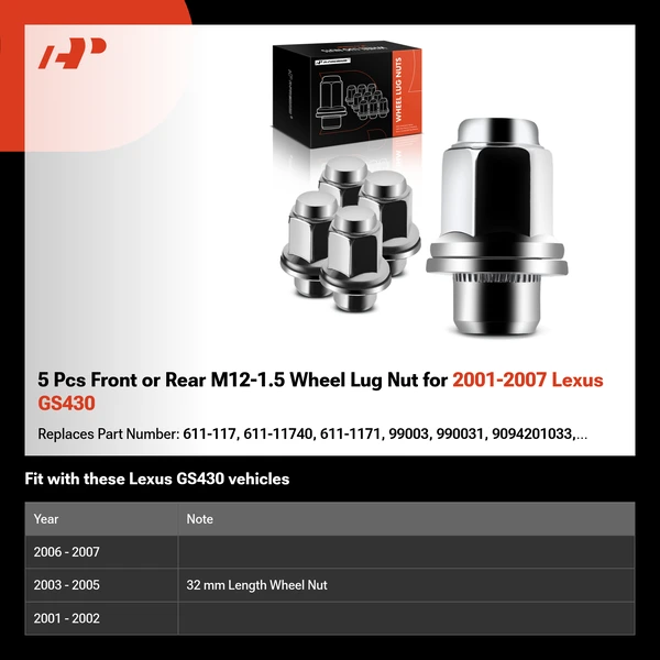 5 Pcs Front or Rear M12-1.5 Wheel Lug Nut for 2001-2007 Lexus GS430
