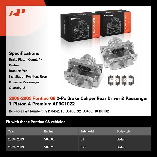 2008-2009 Pontiac G8 2-Pc Brake Caliper Rear Driver & Passenger 1-Piston A-Premium APBC1022