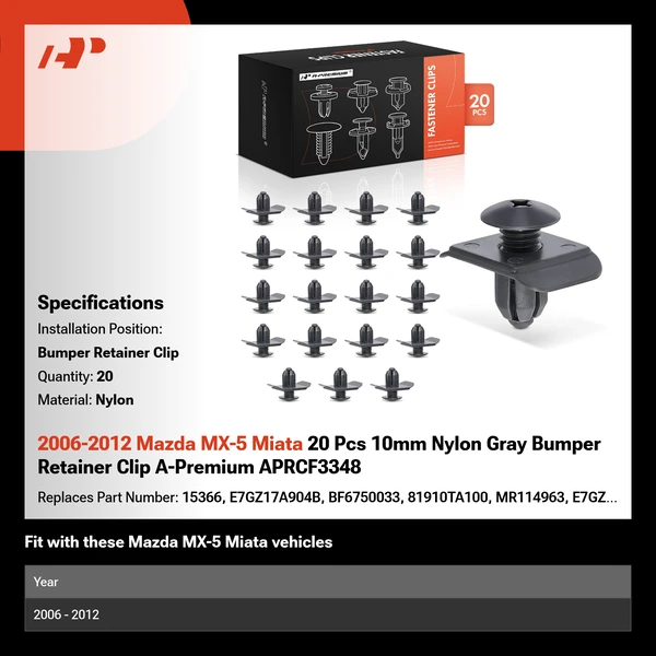 2006-2012 Mazda MX-5 Miata 20 Pcs 10mm Nylon Gray Bumper Retainer Clip A-Premium APRCF3348