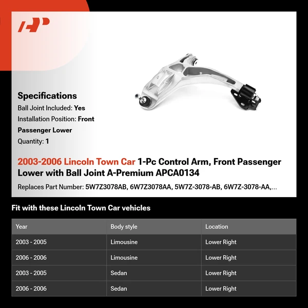 2003-2006 Lincoln Town Car 1-Pc Control Arm, Front Passenger Lower with Ball Joint A-Premium APCA0134