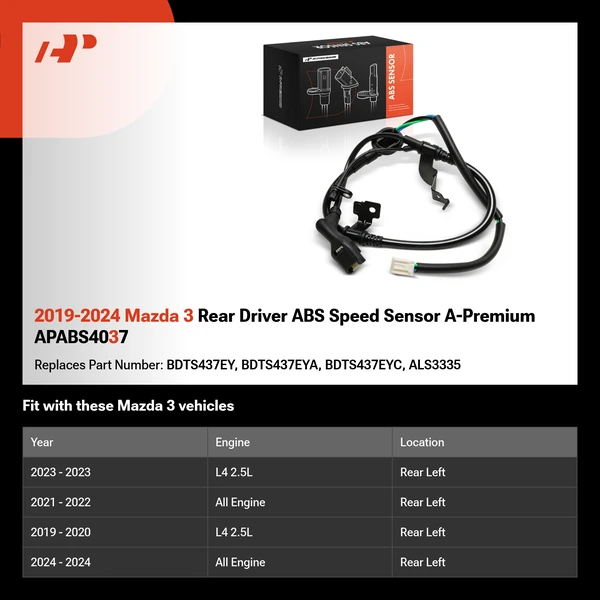 2019-2024 Mazda 3 Rear Driver ABS Speed Sensor A-Premium APABS4037