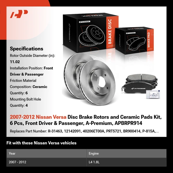 2007-2012 Nissan Versa Disc Brake Rotors and Ceramic Pads Kit, 6 Pcs, Front Driver & Passenger, A-Premium, APBRPR914