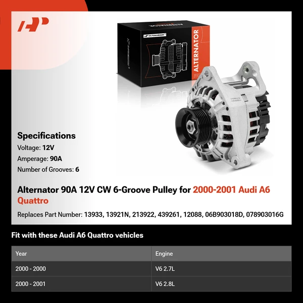 Alternator 90A 12V CW 6-Groove Pulley for 2000-2001 Audi A6 Quattro