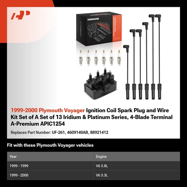 1999-2000 Plymouth Voyager Ignition Coil Spark Plug and Wire Kit Set of A Set of 13 Iridium & Platinum Series, 4-Blade Terminal A-Premium APIC1254