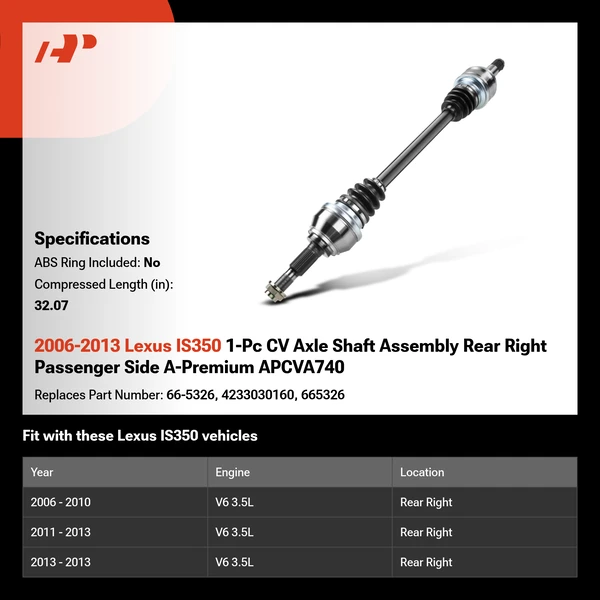 2006-2013 Lexus IS350 1-Pc CV Axle Shaft Assembly Rear Right Passenger Side A-Premium APCVA740