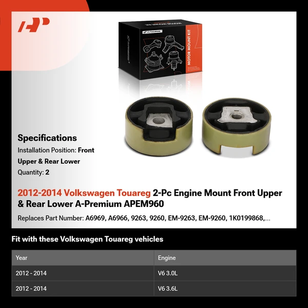 2012-2014 Volkswagen Touareg 2-Pc Engine Mount Front Upper & Rear Lower A-Premium APEM960