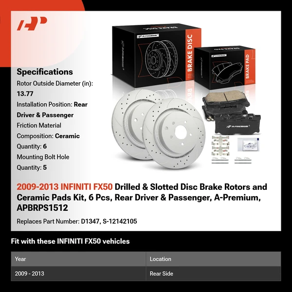 2009-2013 INFINITI FX50 Drilled & Slotted Disc Brake Rotors and Ceramic Pads Kit, 6 Pcs, Rear Driver & Passenger, A-Premium, APBRPS1512