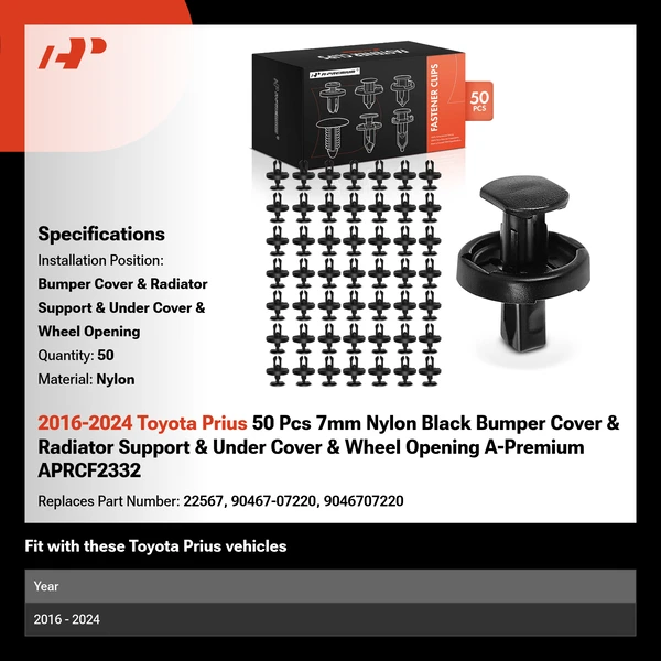 2016-2024 Toyota Prius 50 Pcs 7mm Nylon Black Bumper Cover & Radiator Support & Under Cover & Wheel Opening A-Premium APRCF2332