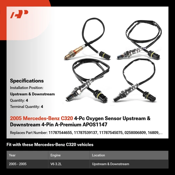 2005 Mercedes-Benz C320 4-Pc Oxygen Sensor Upstream & Downstream 4-Pin A-Premium APOS1147