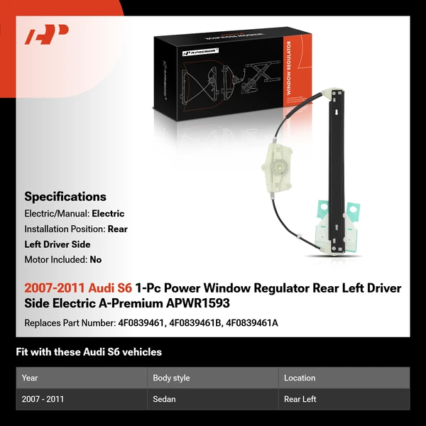 2007-2011 Audi S6 1-Pc Power Window Regulator Rear Left Driver Side Electric A-Premium APWR1593