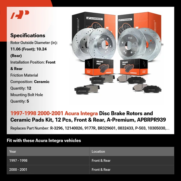1997-1998 2000-2001 Acura Integra Disc Brake Rotors and Ceramic Pads Kit, 12 Pcs, Front & Rear, A-Premium, APBRPR939